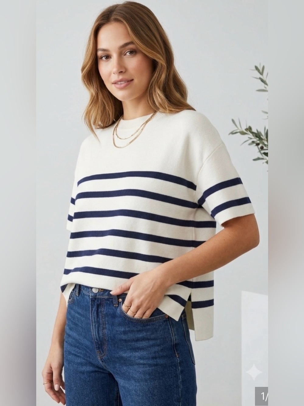 Abercrombie & Finch Short-Sleeve Nautical Preppy Striped Sweater Cream Navy XL